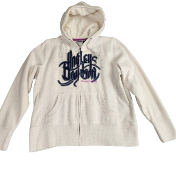 Harley-Davidson Tops - Harley Davidson Motorcycles Sweatshirt Hoodie Womens 1X Fur Lined Hood Cream